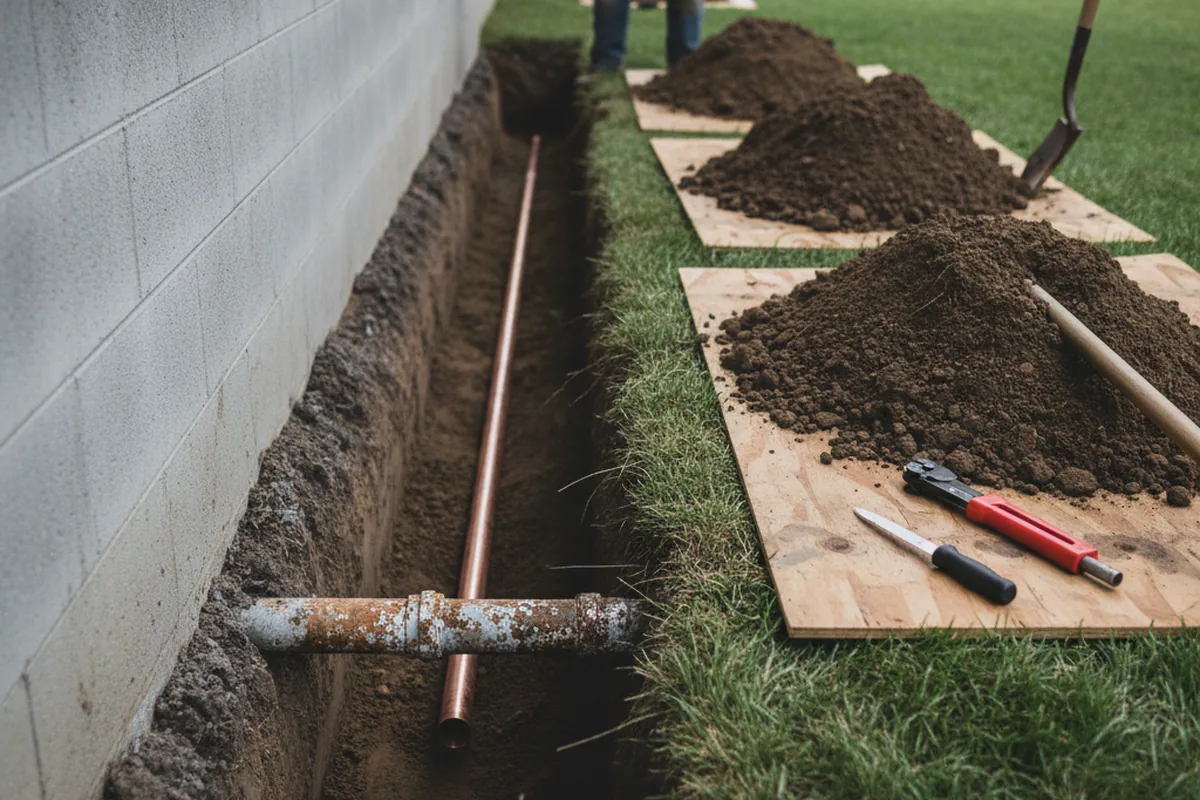Excavated water line trench during Water Heater Repair in Centerville